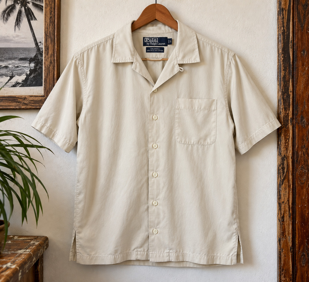 Polo Ralph Lauren Caldwell Camp Shirt Ivory Silk Cotton Loop Collar Men's Small